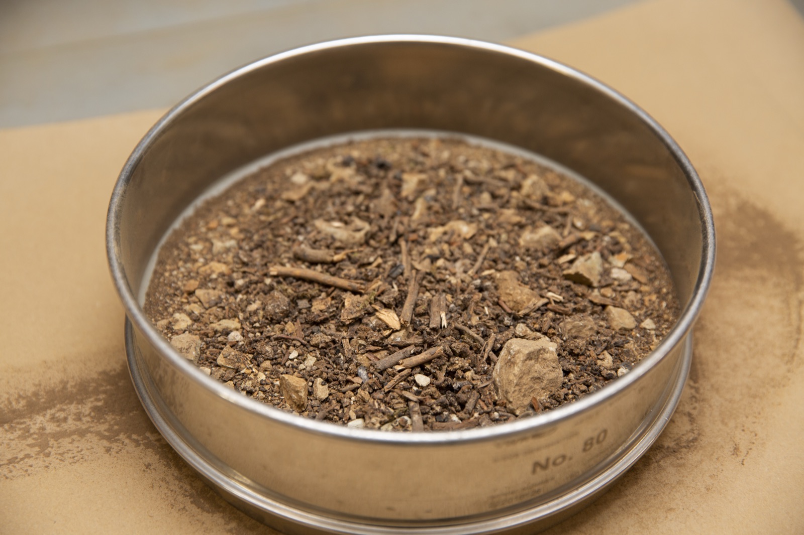 A fine-mesh sieve screen holding a sifted soil sample during preparation for trace geochemistry